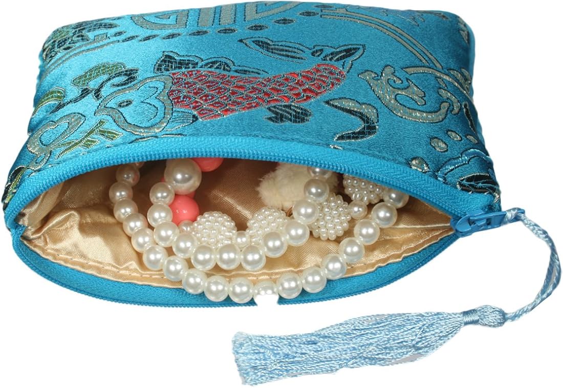 kilofly Chinese Silk Brocade Padded Tassel Zipper Jewelry Pouch Bag, Set of 2, Set2 B, 6 inch - Image 3