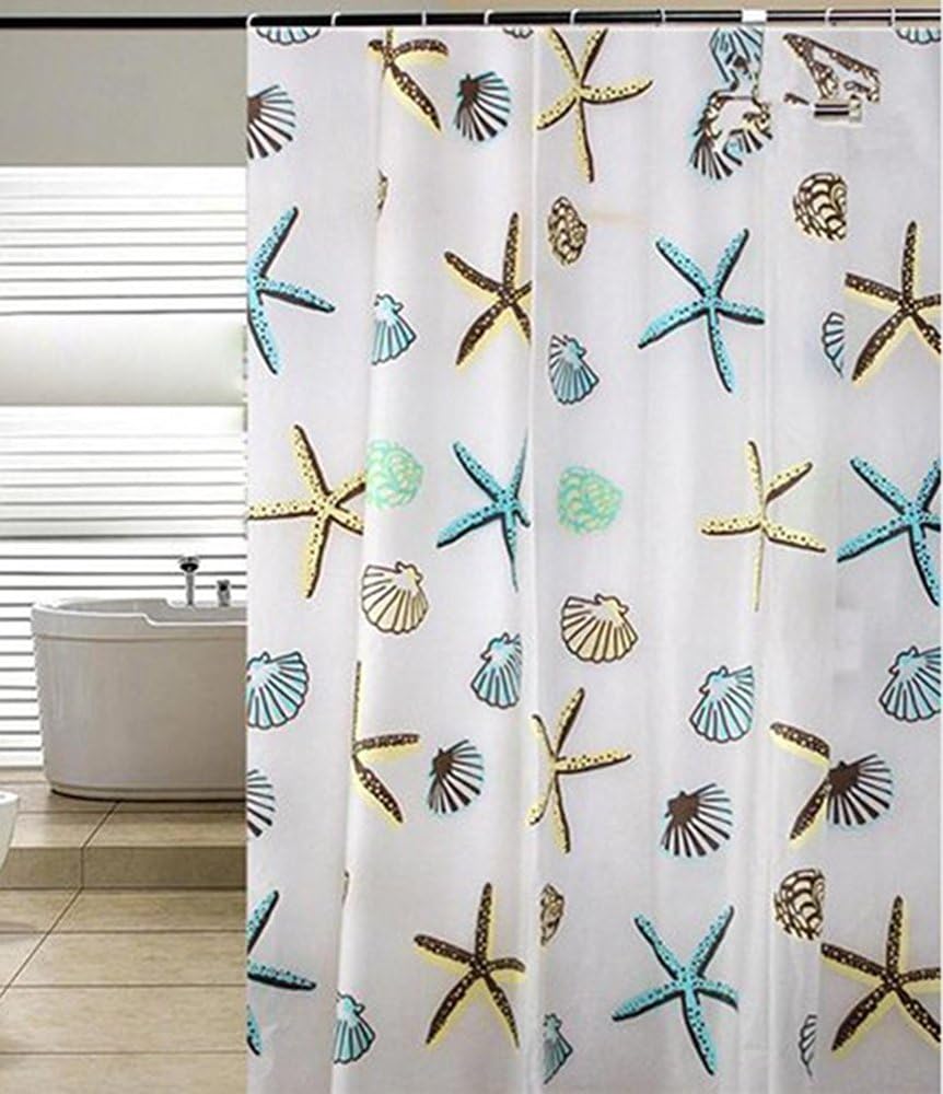 Vandarllin PEVA Water Repellant Shower Curtain Extra Long 72x96 with 12 Hooks (Starfish and Sea Shells)