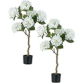 BLOSMON White Hydrangea Fake Tree: 2pc 39 Inch Artificial Silk Plants for Home Living Room Decor Indoor - Real Touch Faux Hydrangeas with Pot for Front Door Porch Patio Entrance Decoration