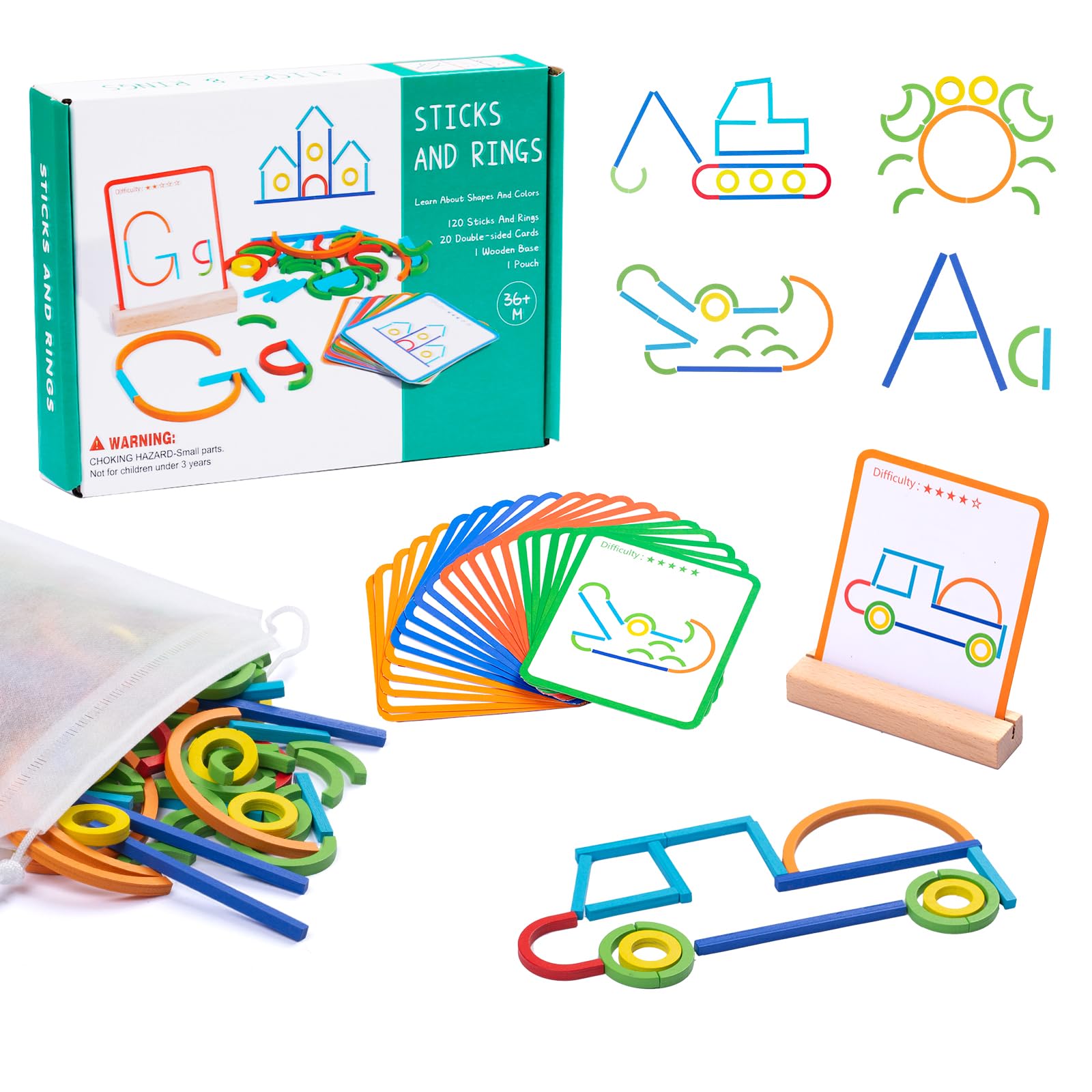 Photo 1 of 142pcs Wooden Pattern Blocks Montessori Smart Sticks Wooden Tangram Puzzle STEM Toy Activities Preschool Brain Teaser Montessori Toys Gift for 3 4 5 Years Old Kids Boys Girls