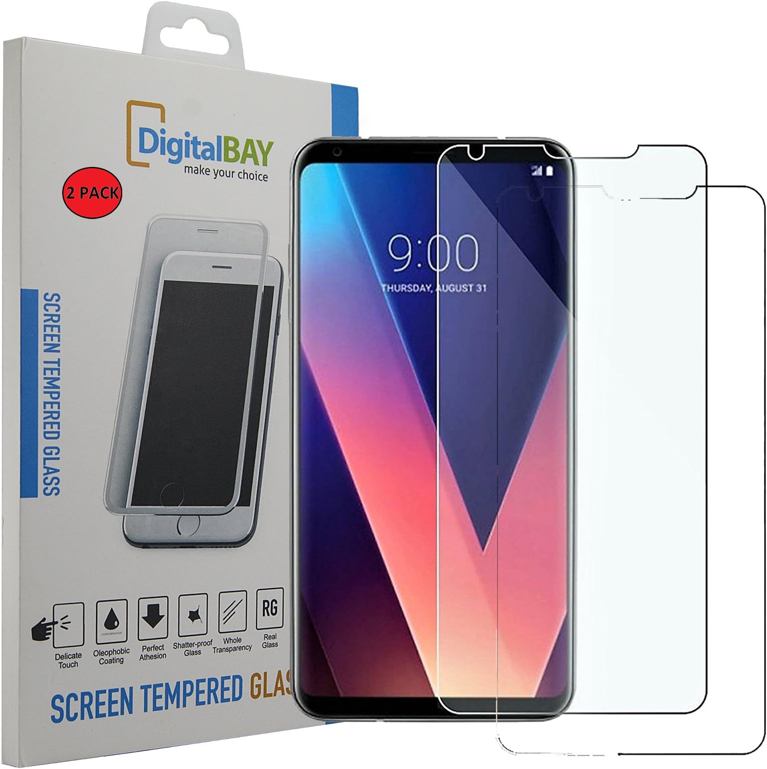 Digital Bay 2 Pack Tempered Glass Screen Protector LG V30, [Anti-scratch] Ultra-Clear Ultra Tough Screen Protector LG V30 Screen Protector Screen Protector Glass Screen Protector for LG V30