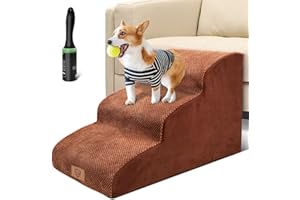 Almcmy 3-Tier Dog Stairs, High Density Foam Pet Stairs with Washable Cover, Non-Slip Pet Ladder Pet Ramp for Small Older Dogs & Cats, Holds Up to 50 lbs - Send 1 Pet Hair Remover Roller