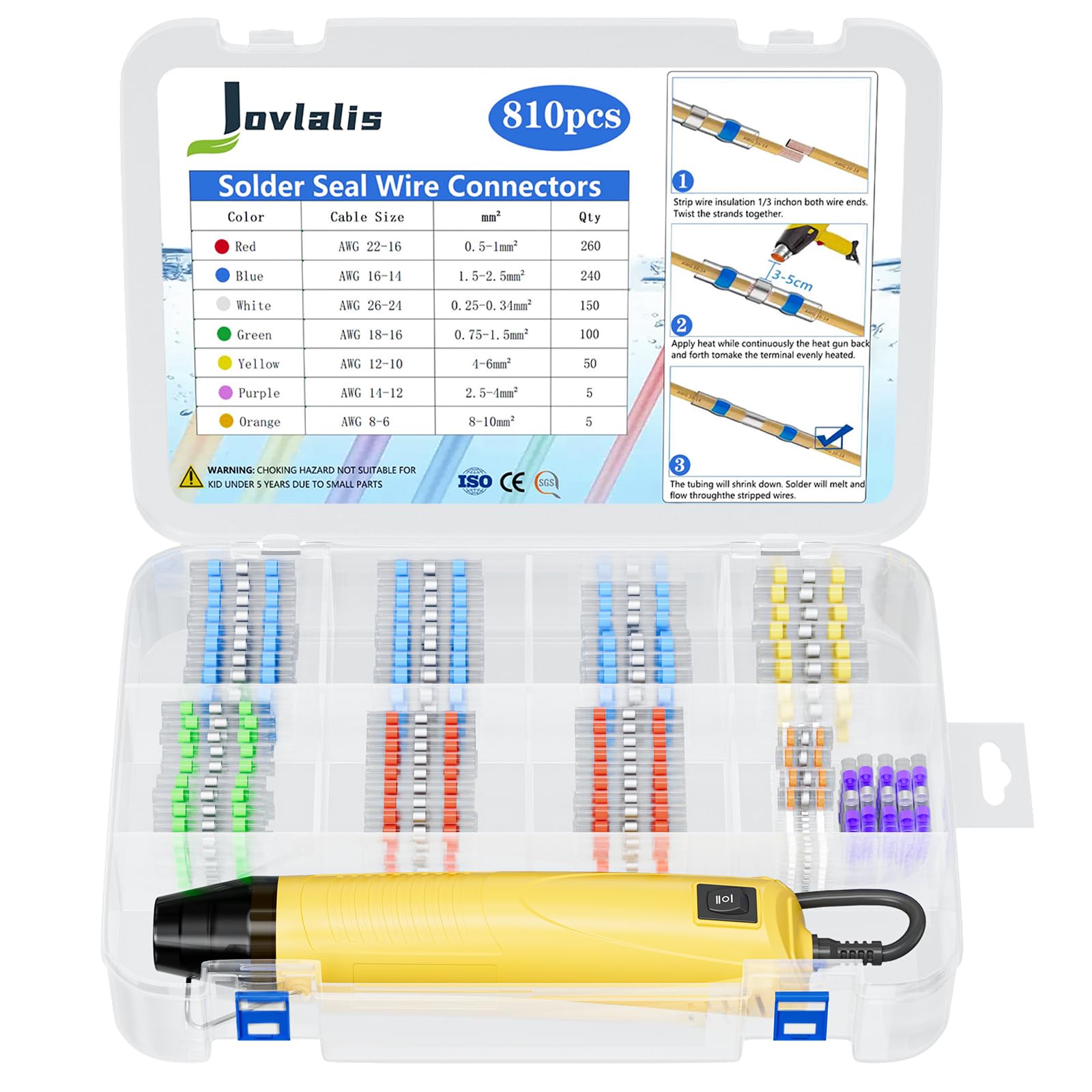 Photo 1 of 810 PCS Solder Seal Wire Connectors with Heat Gun, Self Soldering Heat Shrink Butt Connector, Waterproof Insulated Electrical Terminals Ideal for Marine, Automotive, Boat, and Truck Wiring