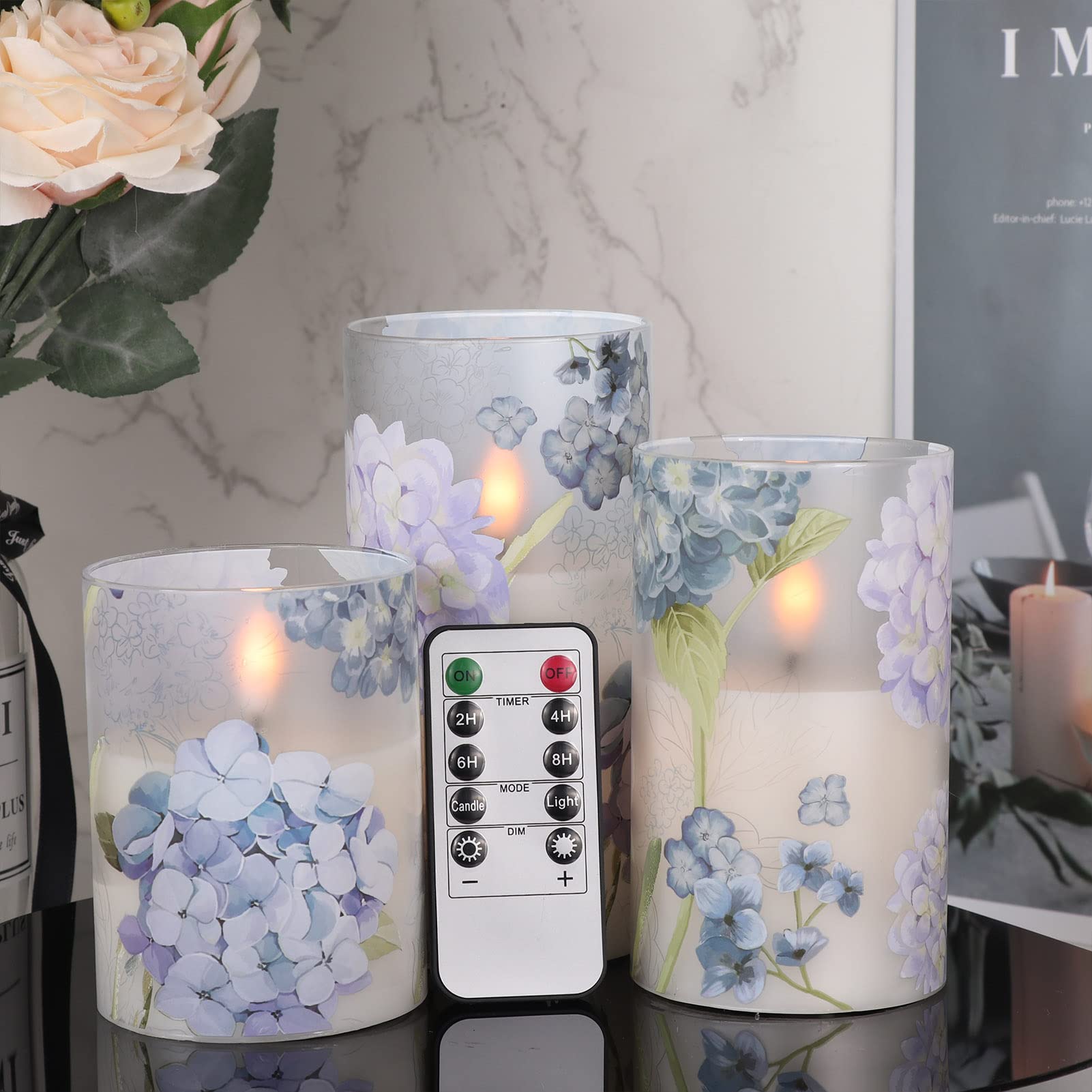 Photo 1 of DRomance Hydrangea Glass Flameless Candles with Remote Timer Battery Operated LED Flickering Pillar Candles Real Wax Spring Dinner Christmas Holiday Decor D3 x H4, 5", 6"