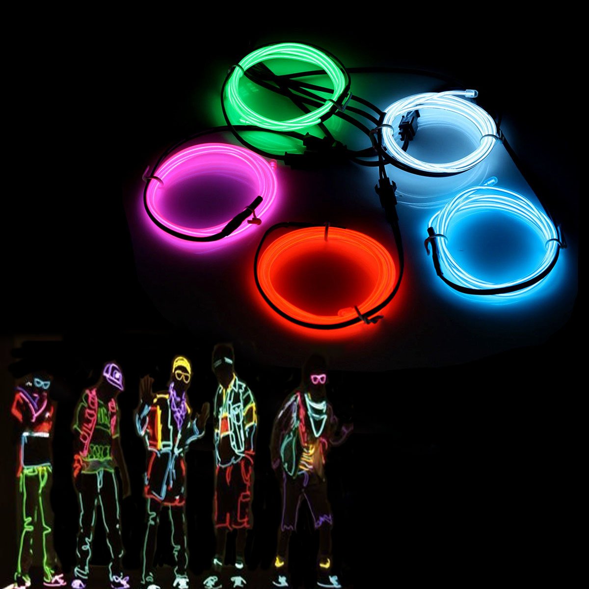 Sunboia El Wires, 5x1M Neon Lights Glowing Strobing Dance Party Costume Decor Light Flexible EL Rope Neon Sign Waterproof LED Strip with Controller Indoor/Outdoor Decorations