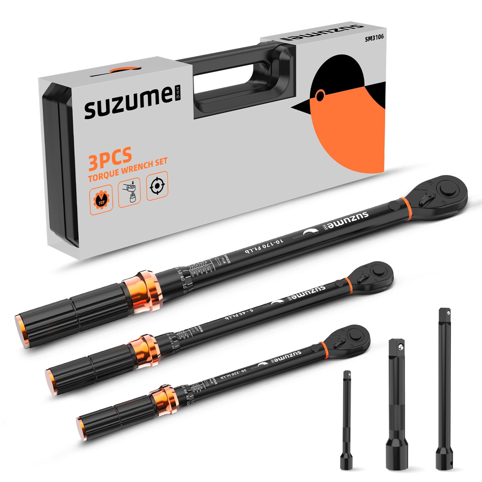 Photo 1 of SUZUME 3PCS Torque Wrench Set 72 Teeth Dual-Direction Adjustable Torque Wrench Dual-Scales 1/4 & 3/8 & 1/2-Inch ±3% Accuracy Click Torque Wrenches for Bicycle, Motorcycle, Car,Maintenance