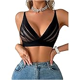 SOLY HUX Women's Deep V Neck Bralettes Mesh Sheer Adjustable Straps Wireless Bras