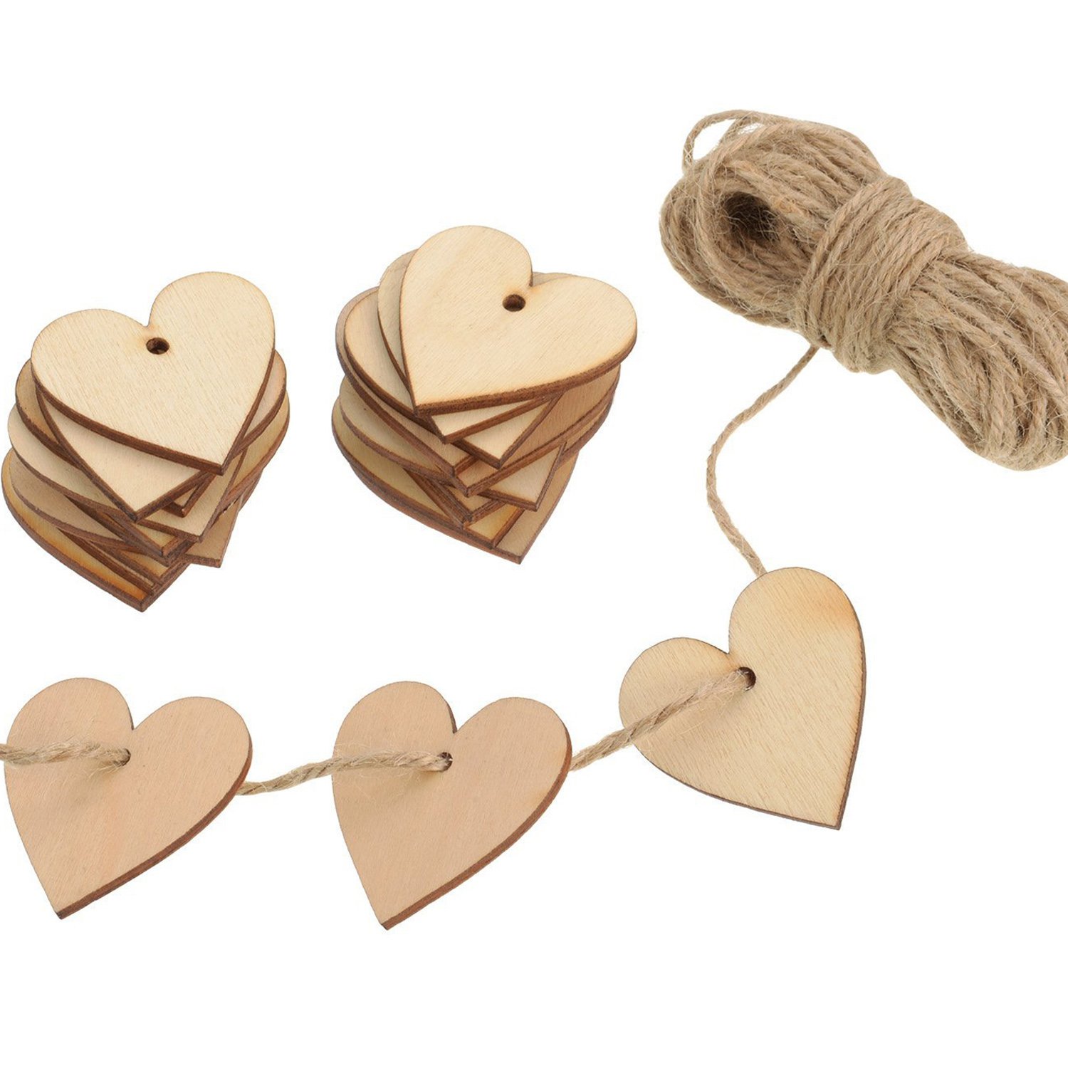 100 Pieces Wood Heart Blank Wooden Heart Embellishments 40 mm with 10 m Natural Twine for Wedding DIY Arts Crafts Card Making Valentine Decoration