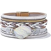 FANCY SHINY Braided Leather Bangle Bracelets Boho Resin Stone Wrap Bracelets Stackable Cuff Bracelets with Magnetic Clasp for Women