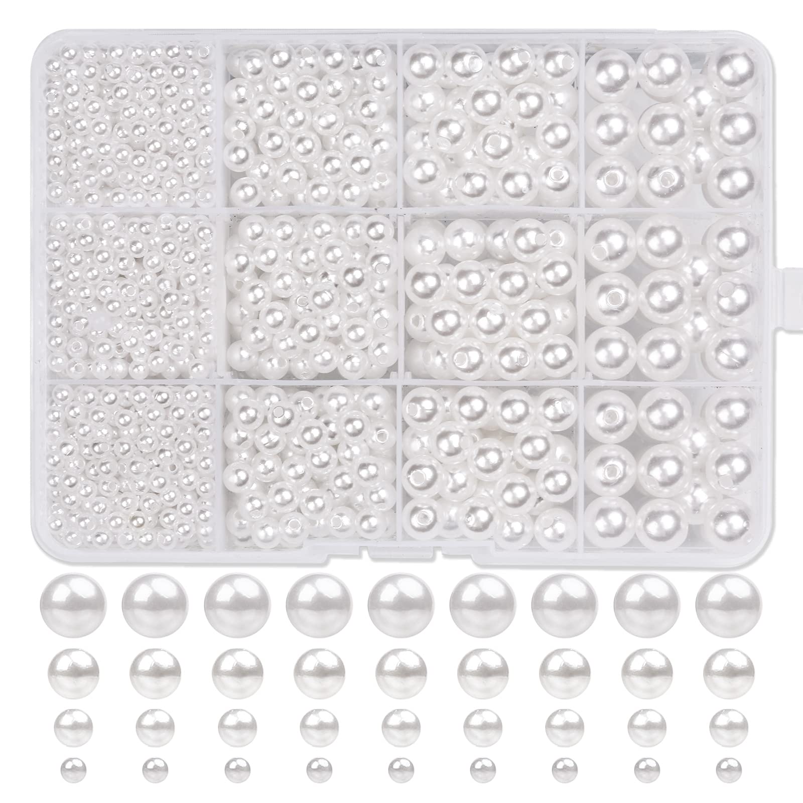 1320 Pcs Pearl Beads, White Round Pearl Beads for Jewellery Making Crafting Necklaces Bracelets Earrings Rings Jewelry Making Supplies, 4/6/8/10mm Imitation Pearls Satin Luster