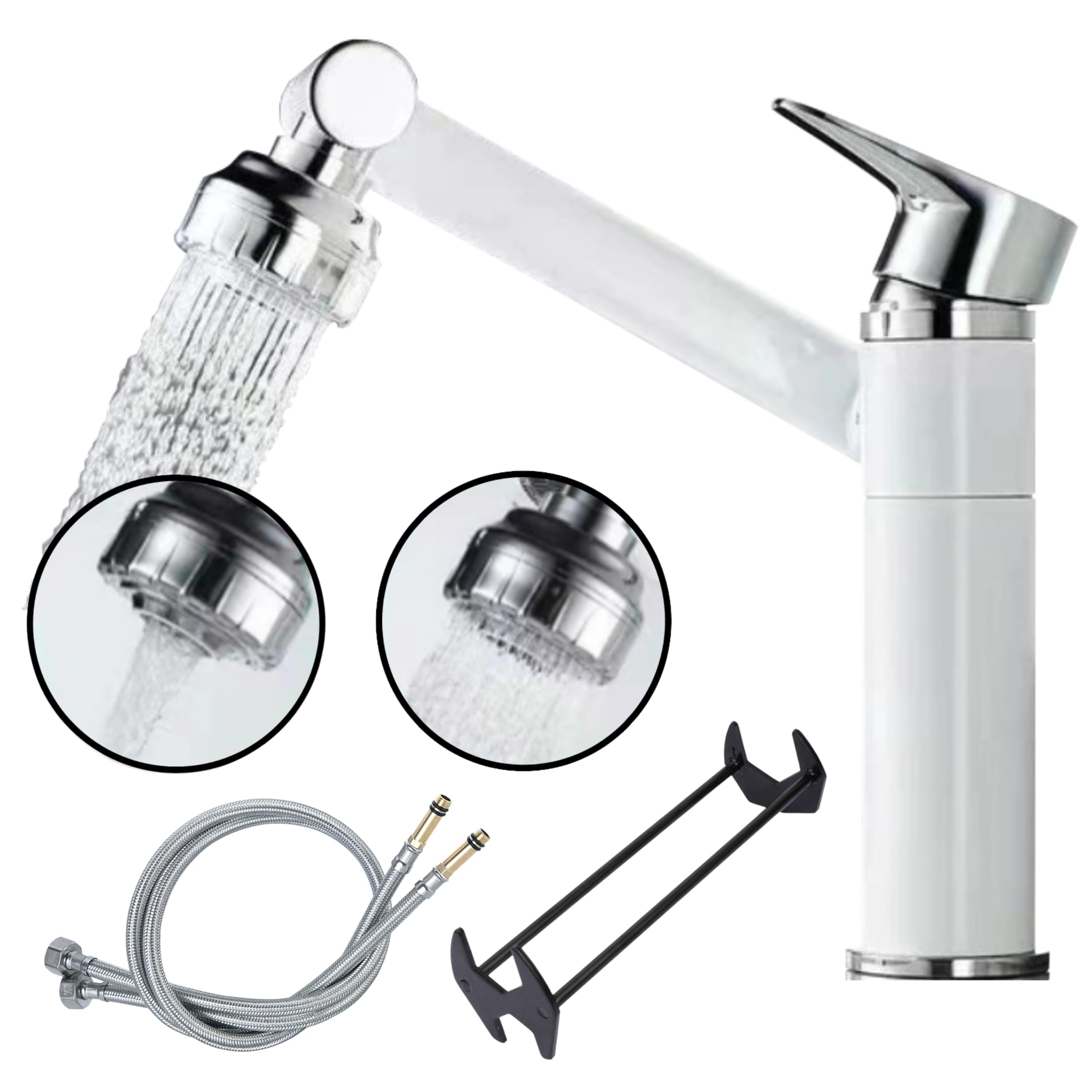 TradeProvider® Kitchen Sink Faucet Mixer Tap 360° Swivel Bathroom Bar Tub Taps, (2pcs) Flexi Tap Connector Hose 10M x1/2 (600mm), Plumbing Four-Claw Hexagon Sink Wrench (White and Chrome Mixer Tap)