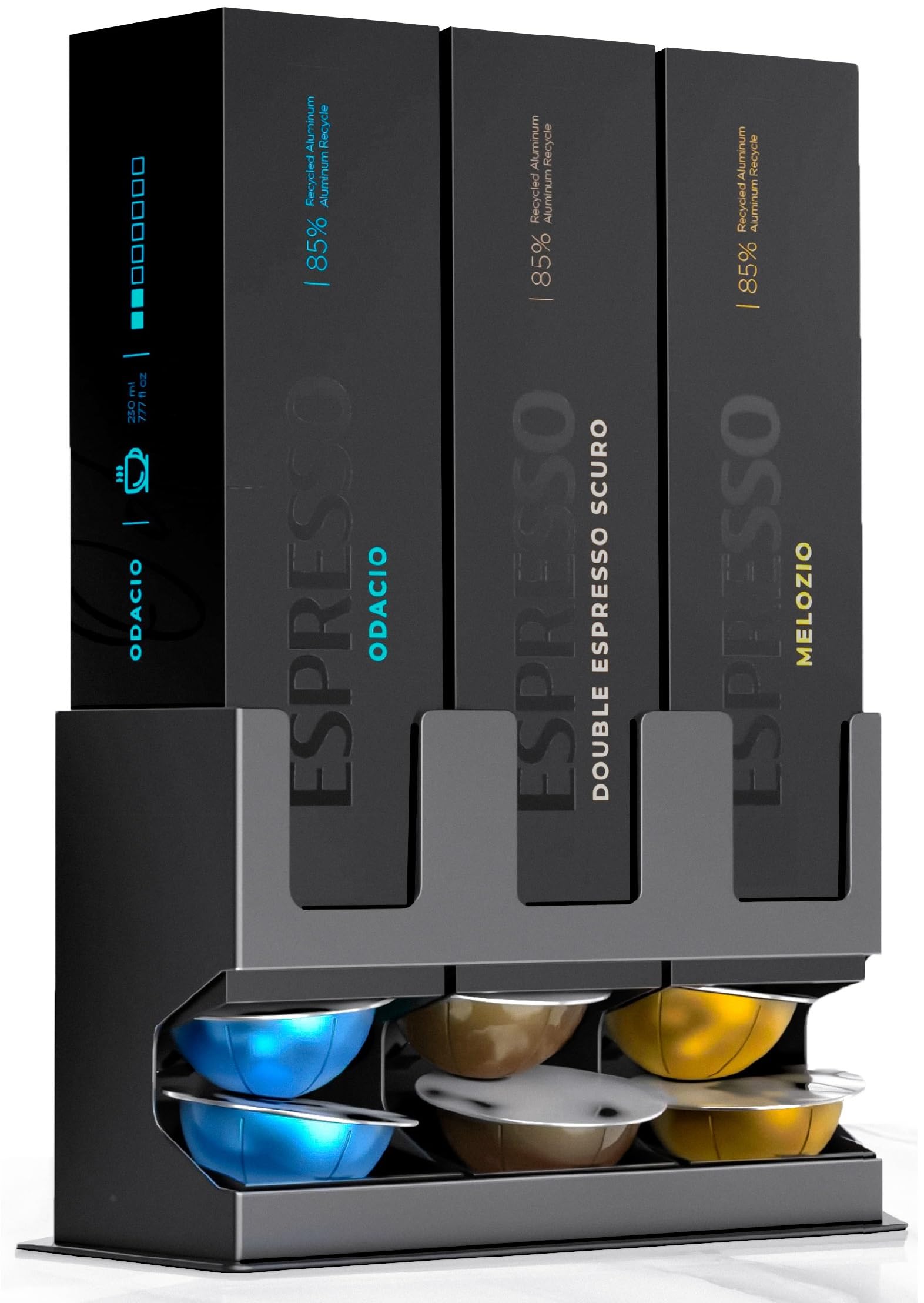 GALVANOX Pod Dispenser Designed for Nespresso Vertuo Capsules (3 Box Sleeve Holder) Freestanding Countertop Organizer Stand, Non-Slip Steel Base, Dispenses 3 Coffee Flavors (30 Vertuoline Pods)