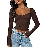 TiulZial Women's Long Sleeve Going Out Crop Top Sexy Pleated Trendy Shirt Sweetheart Neck Y2K Ruched Cropped Tops