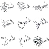 TOKRING 18G 20G Nose Rings Studs Surgical Steel L Shaped Screw Nose Piercing Jewelry for Women Men