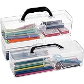 BTSKY 3 Pack Long Plastic Pencil Box Portable Clear Home Utility Boxes with Black Handle Stationery Storage Organizer Painting Tool Storage Container for Pencils Markers Sticky-Notes Craft Supplies