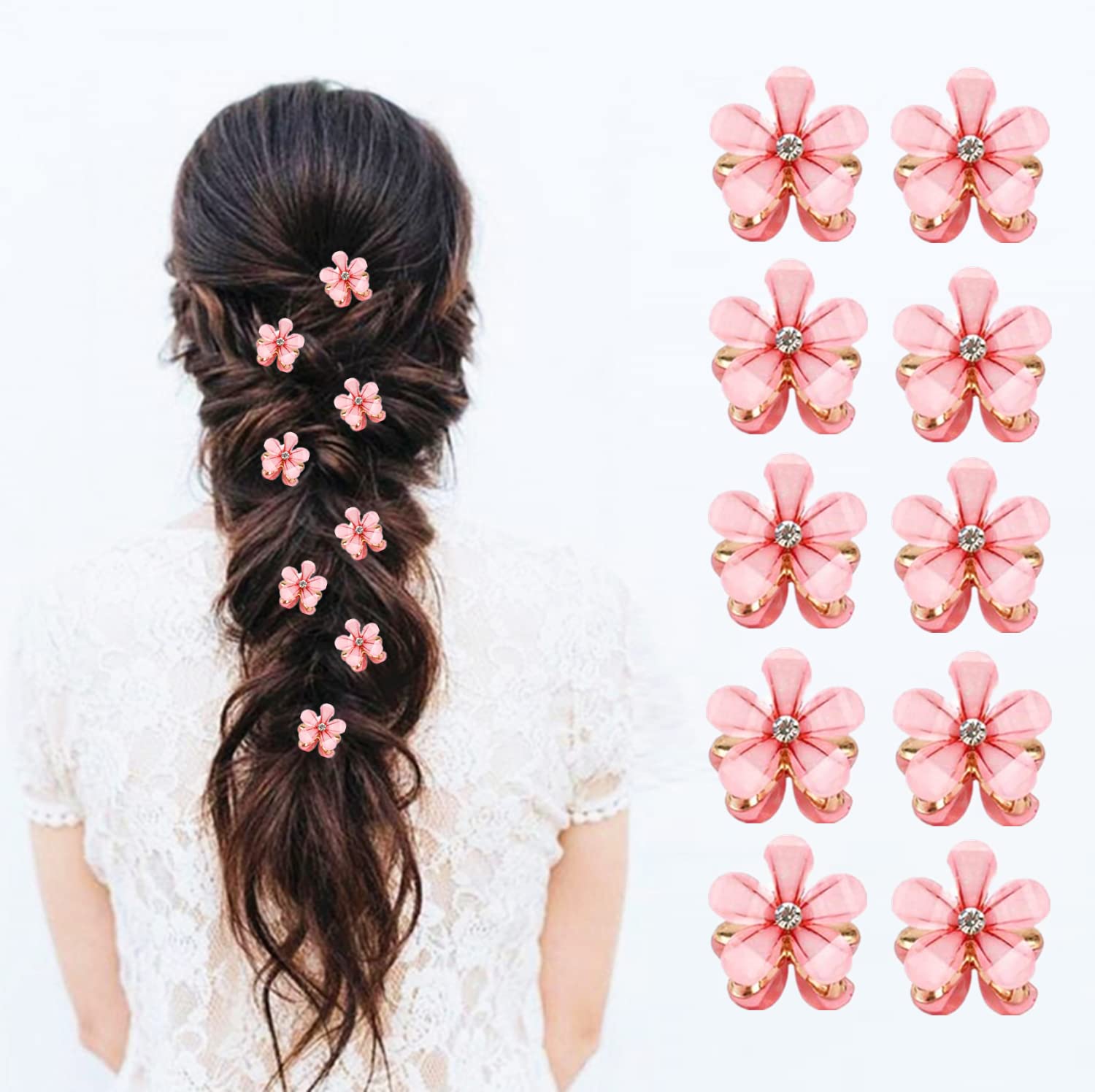 Photo 1 of 10 Pcs Mini Cute Flower-Shaped Hair Clips for Girls, Multicolor Crystal Hair Barrettes for Long Braid Hairstyles, Flower Hairpin for Women Hair Accessories (10 Pcs- Pink)