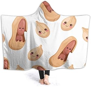 Fleece Wearable Hooded Blanket Kawaii Peanuts Cute Food Funny Nuts Soft Cozy Fuzzy Plush Twin Blankets Hoodie Microfiber Throw Wrap Cloak Cape for Couch Sofa Chair Fall Nap Travel Adults/Womens/Mens T