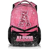 Custom School Backpack for Girls 3-10 - Personalized Glitter Initial Name Backpack for Kids Kindergarten Preschool Primary - 17 Inch Black & Pink Student Cheerleader Bookbag for Travel Work School
