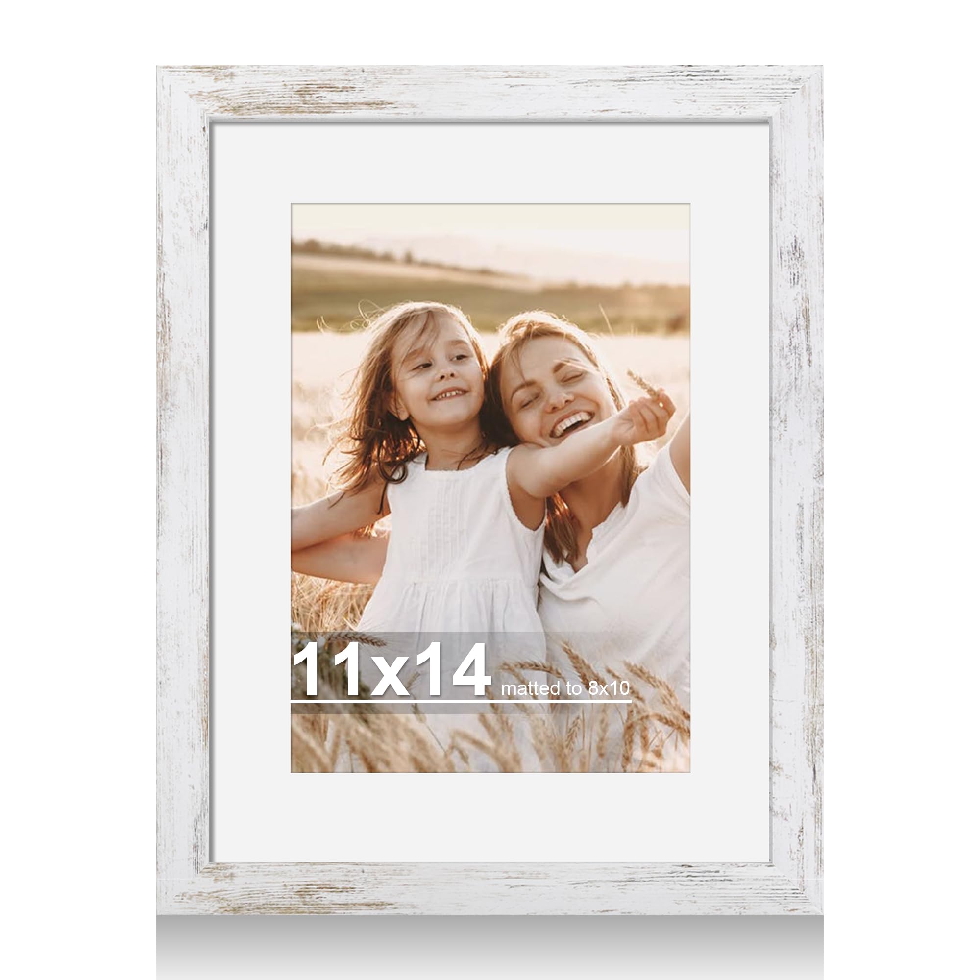 Photo 1 of Hongkee 11x14 Picture Frame with Real Glass - 8x10 Wooden Frame with Mat, Horizontal and Vertical Display for Wall or Tabletop (Distressed White, 1 Pack)