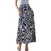 DOUBLJU Casual High Waisted Maxi Skirts with Pocket Elastic Wide Waist Band Flare Long Basic Skirts for Women Trendy Summer