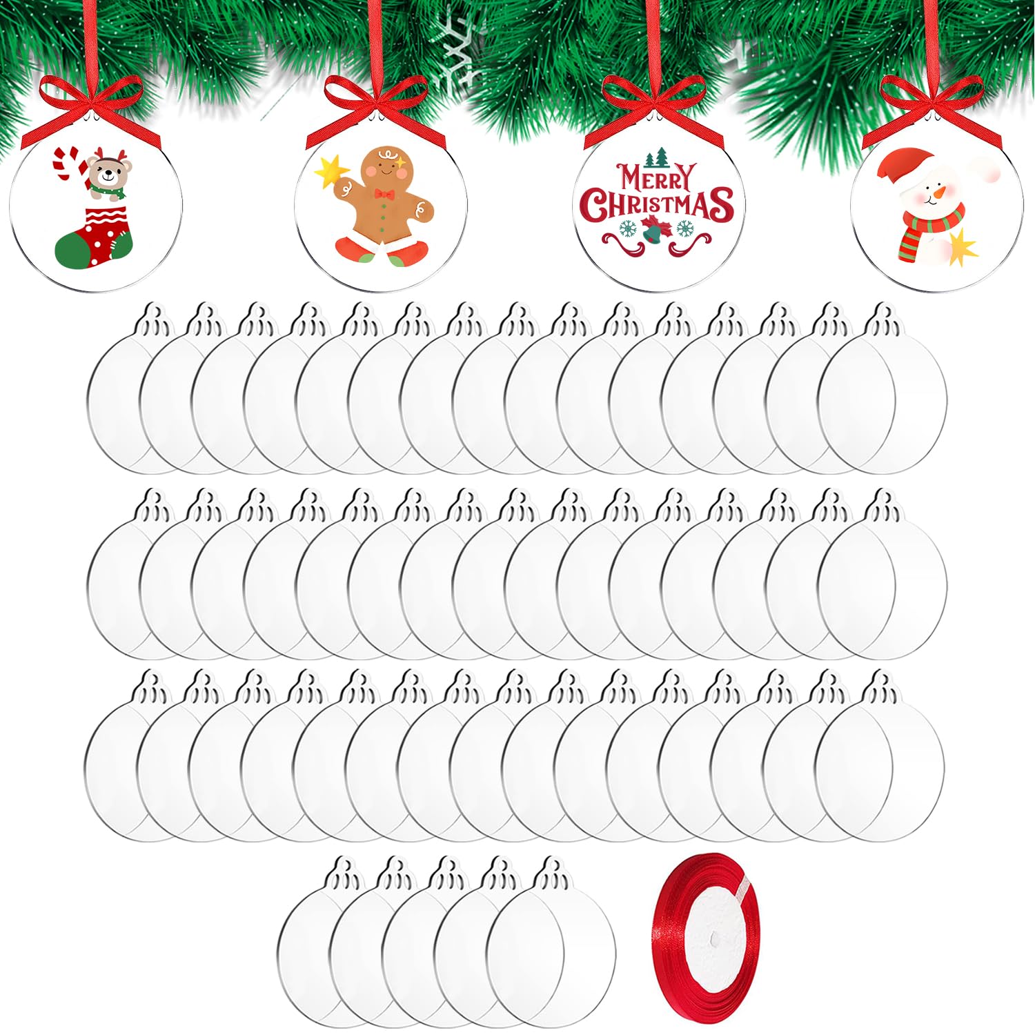 DRERIO 50 Pcs Clear Acrylic Disc Ornaments 8.8 ×7.6 cm Round Christmas Ornaments with Ribbon Flat Baubles for Craft, Clear Blank Acrylic Christmas Disc for Tree Party Hanging Decor