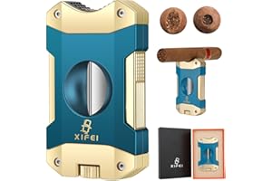 XIFEI Cigar Cutter V-Cut,3 in 1 V Cutter with Cigar Punch Cigar Stand Sharpest 440 Stainless Steel Cut Blade Ergonomic Design Secure-Lock 55 Ring Gauge Portable Cigar Clipper with Gift Box (Blue Gold)