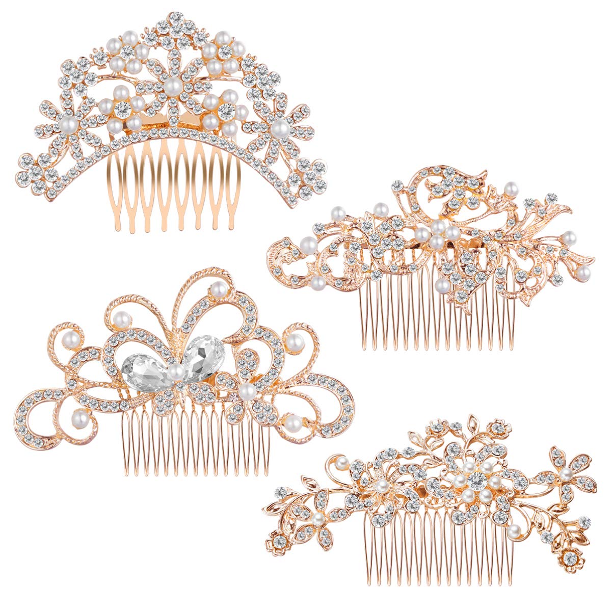 Lurrose 4PCS Bridal Hair Combs Crystal Hairpin Combs Pearls Side Comb Hair Pins Wedding Headpiece for Bride Bridesmaids (Rose Gold)