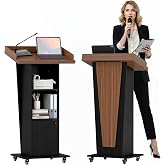 Suuiwau 15&deg; Tilted Podium Stand with Wheels &amp; Storage Cabinet, Black Brown | Wooden Lectern with Cable Hole, Portable Pulpit for Church Classroom Office Restaurant, Rolling Host Stand for Lecture