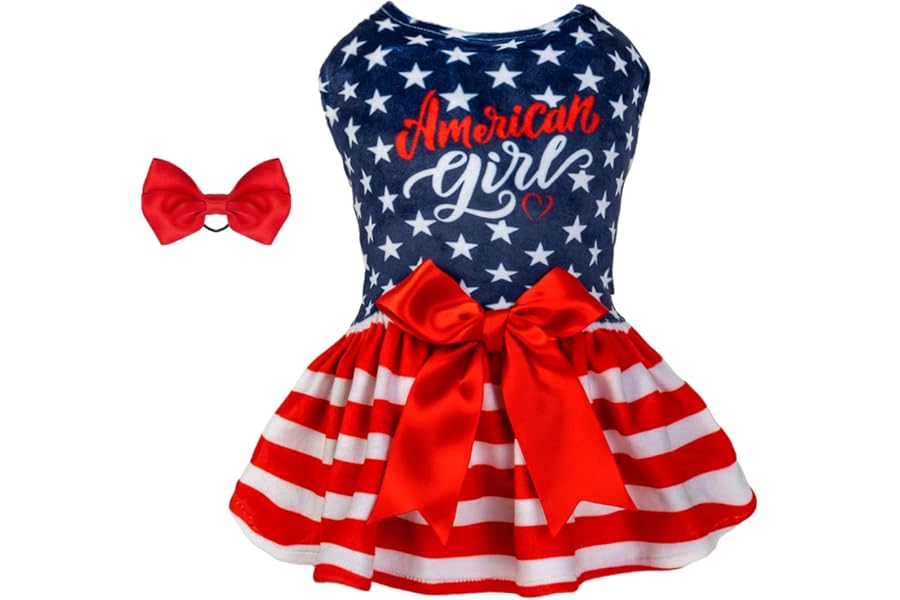 CuteBone Dog Dresses Velvet 4th of July Small Dogs Clothes Onesie Pet Apparel Girl Puppy Skirt with Bow Hair Rope CVA39M-D