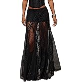 Women Sexy See Through Lace Maxi Skirt Elastic Low Waist Sheer A Line Long Flowy Skirt