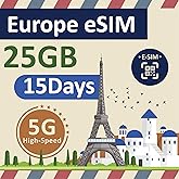 eSIM Europe Data ONLY Card 15Days | 25GB of 5G/4G LTE High Speed Prepaid Data Sim Card | Good Connection | REFILLABLE! (25GB 