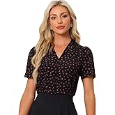Allegra K Casual Blouse for Women Button Down Short Sleeve V Neck Floral Print Notch Lapel Blouse Dressy Summer Outfits