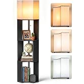 Yosamio Floor Lamp with Shelves, Modern 3-Tier Wood Corner Storage Bookshelf Lamp for Living Room, 3 Color Temperatures LED Bulb Included, Tall Wooden Display Light, Black