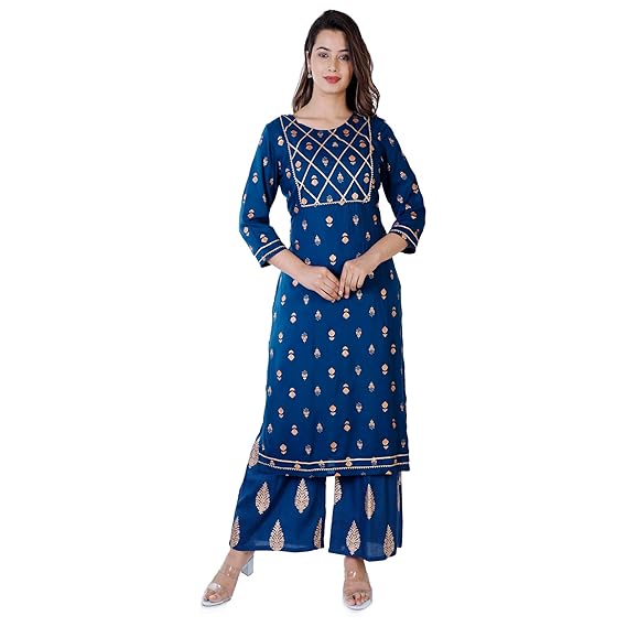 Womens Printed Kurta with Plazzo Set/Womens Ethnic Sets/Woemns Kurta Set with Gotta Detailing/Womens Kurta with Plazzo Set