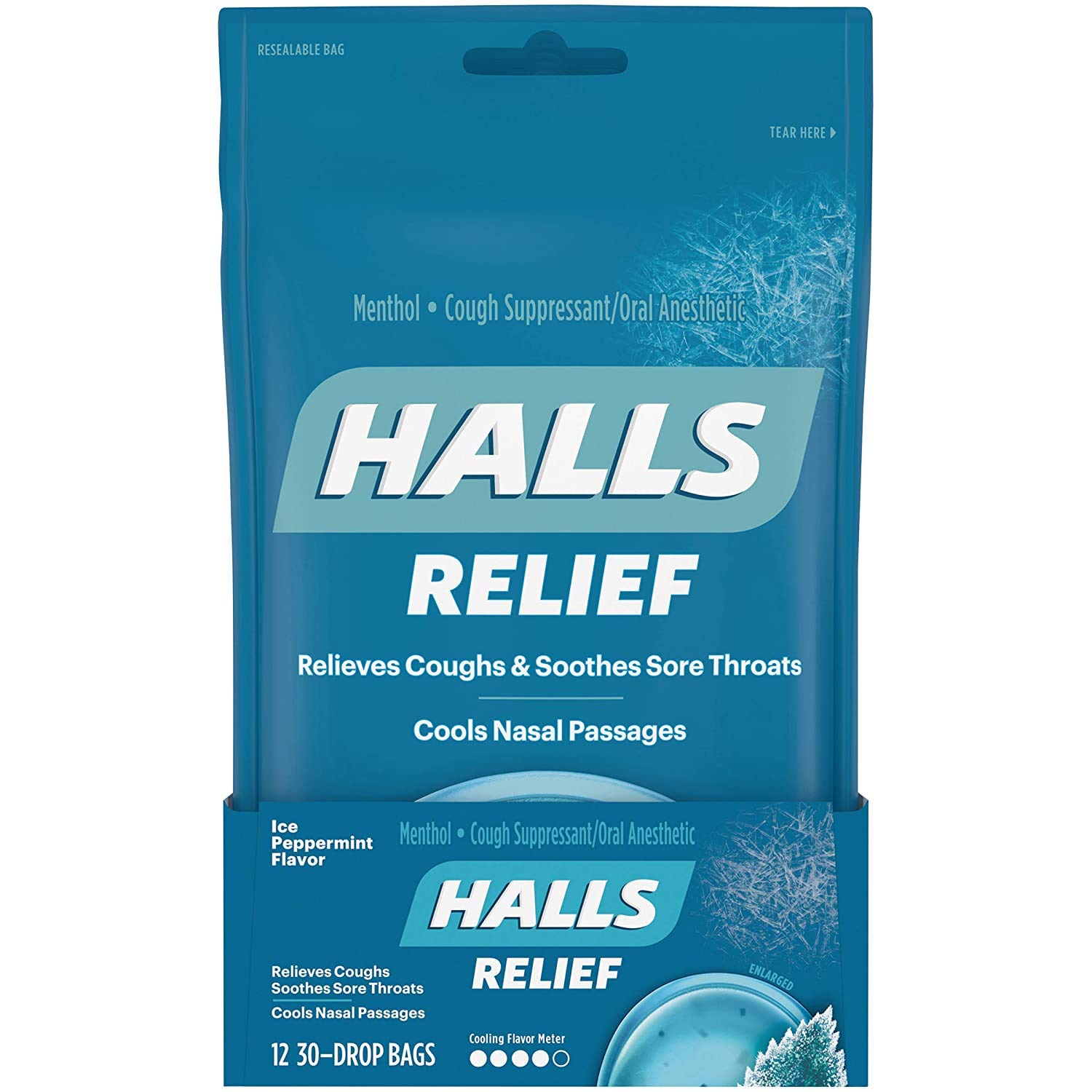 HALLS Relief Ice Peppermint Flavor Cough Drops, 12 Bags (360 Total Drops) : Cough Drops : Grocery & Gourmet Food