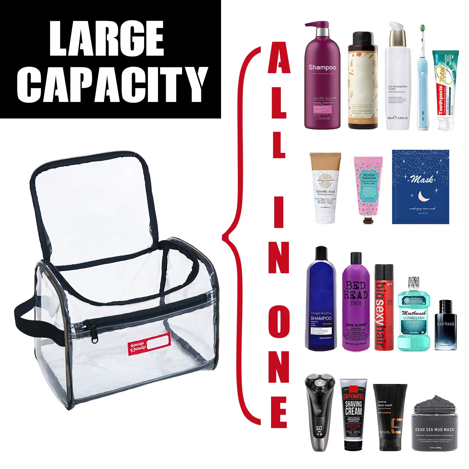 Rough Enough Large Clear Toiletry Bag Cosmetic Travel Makeup Organizer Wash Bags Pouch Luggage Dopp Kit Box Set with Zipper for Travel Accessories Essentials Trip Airport Big Shampoo Brush