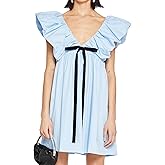 Women's Floral Bow V Neck Babydoll Mini Dress Flower Print Puffy Sleeve Boho Short Casual Loose Flowy Dresses