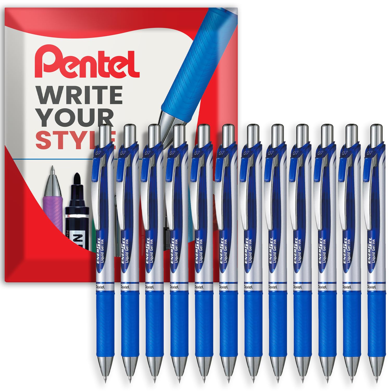 Pentel EnerGel XM BL77 - Retractable Liquid Gel Ink Pen - 0.7mm - 54% Recycled - Blue Ink - Pack of 12 in Envelope Gift Packaging
