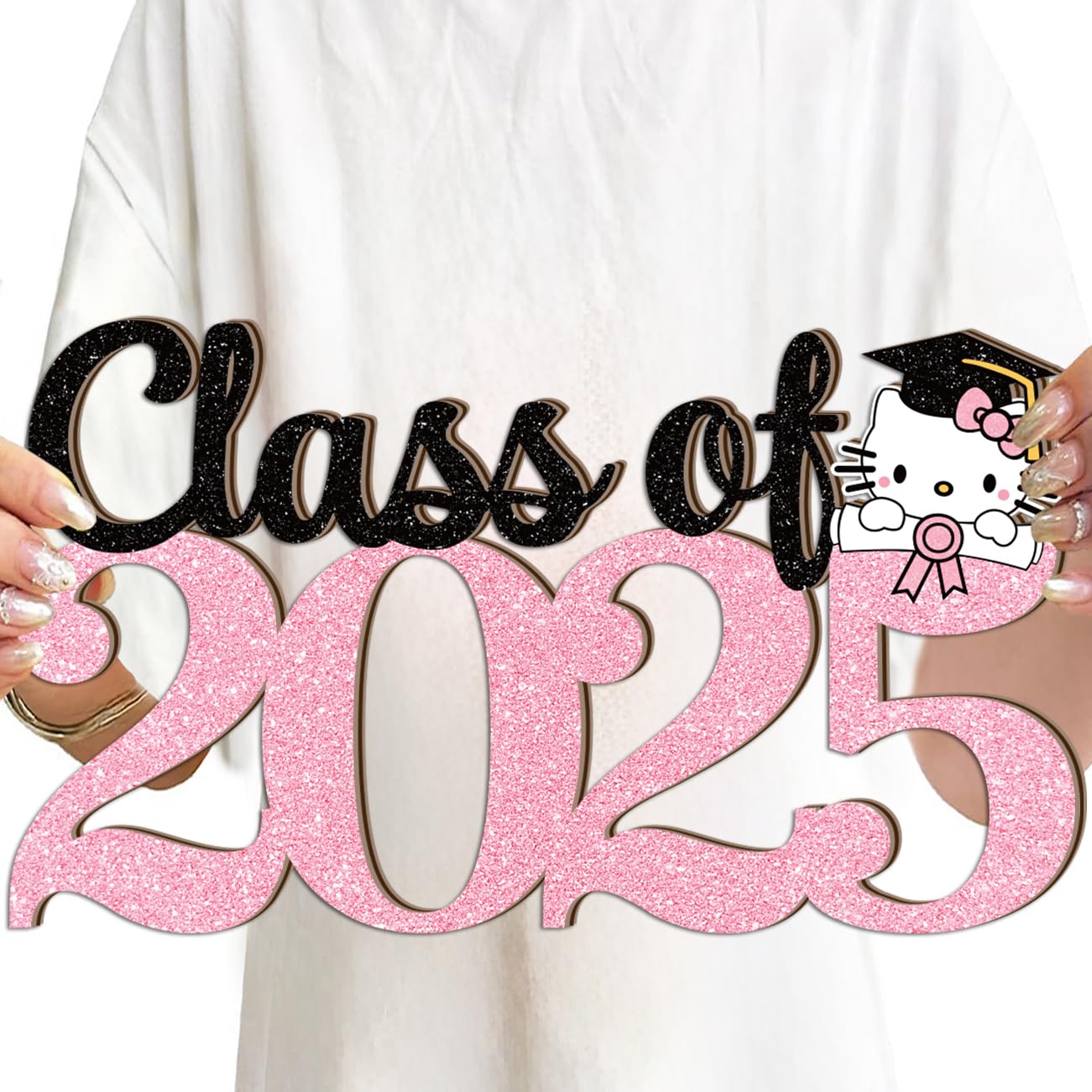Photo 1 of Hello Kity Pink Graduation Decorations 2025 Wooden Sign Class of 2025 Decorations Photo Booth Props Glitter Pink Graduation Decor Door Sign for Grad Party Supplies