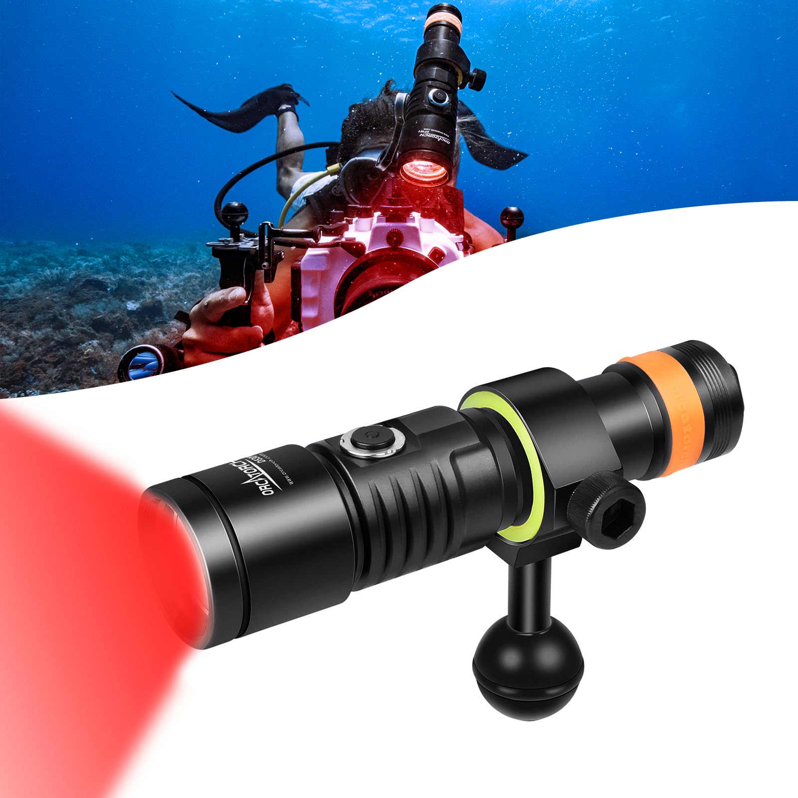 Photo 1 of ORCATORCH D530V Red LED Dive Light 160 Lumen Scuba Diving Video Light 120 Degrees Wide Beam Angle, Underwater 150 Meters Diving Photography Light with Safety Lock Function and Battery Power Indicator