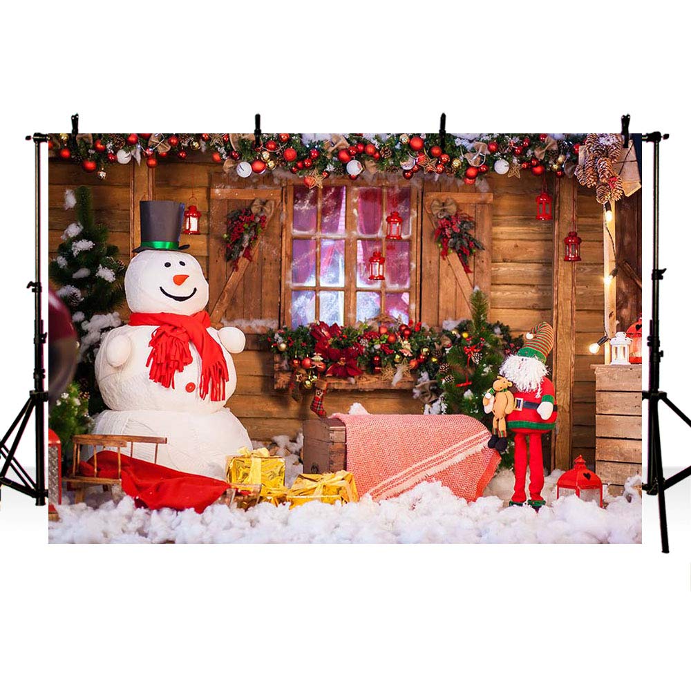 MEHOFOTO 7x5ft Splendid Merry Christmas Party Banner Holiday Winter Photo Studio Backdrop Snow Man Christmas Bells Wood Backgrounds for Photography