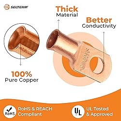 SELTERM 2pcs 1 AWG 3/8" Stud (Wide Pad) Copper Wire