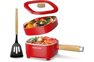 Audecook Hot Pot Electric 2L, Cermic Glaze Non-Stick Frying Pan 8 Inch, Portable Travel Cooker for Ramen/Steak/Fried Rice/Oatmeal/Soup, with Dual Power Control (Silicone Spatula Included)