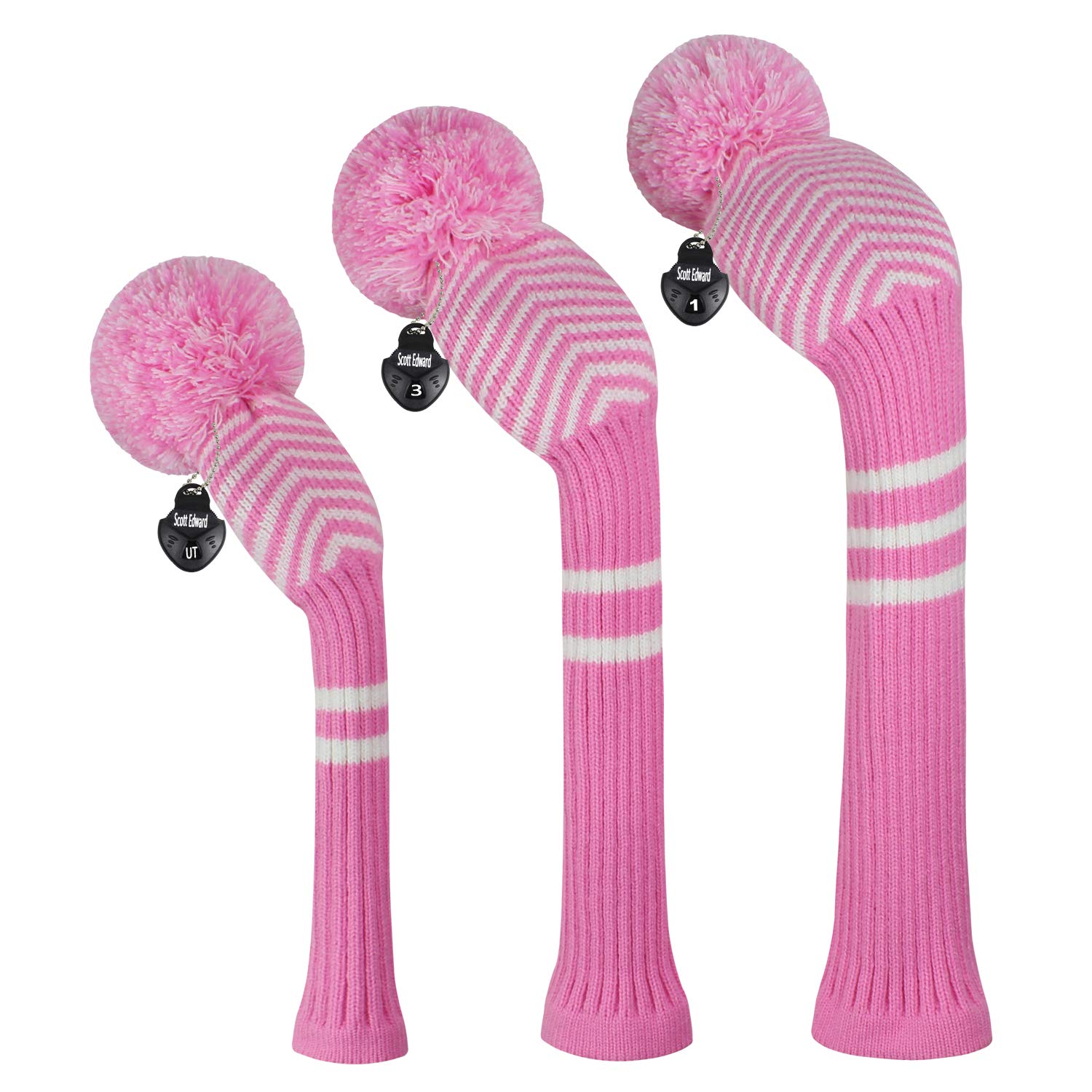 Scott Edward Knitted Golf Club Head Covers for Woods 3Pcs Set Golf Driver (460CC) Fairways and Hybrid/UT with Rotating Number Tags(Pink Diagonal Stripes)