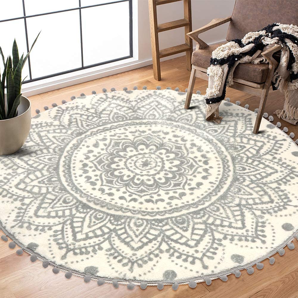 KIMODE Boho Round Rugs Living Room 120cm, Non Slip Area Rugs for Bedroom Mandala Soft Machine Washable Rugs Living Room with Pom Poms Fringe Circle Entryway Rug for Bedroom Living Dining Room (Grey)