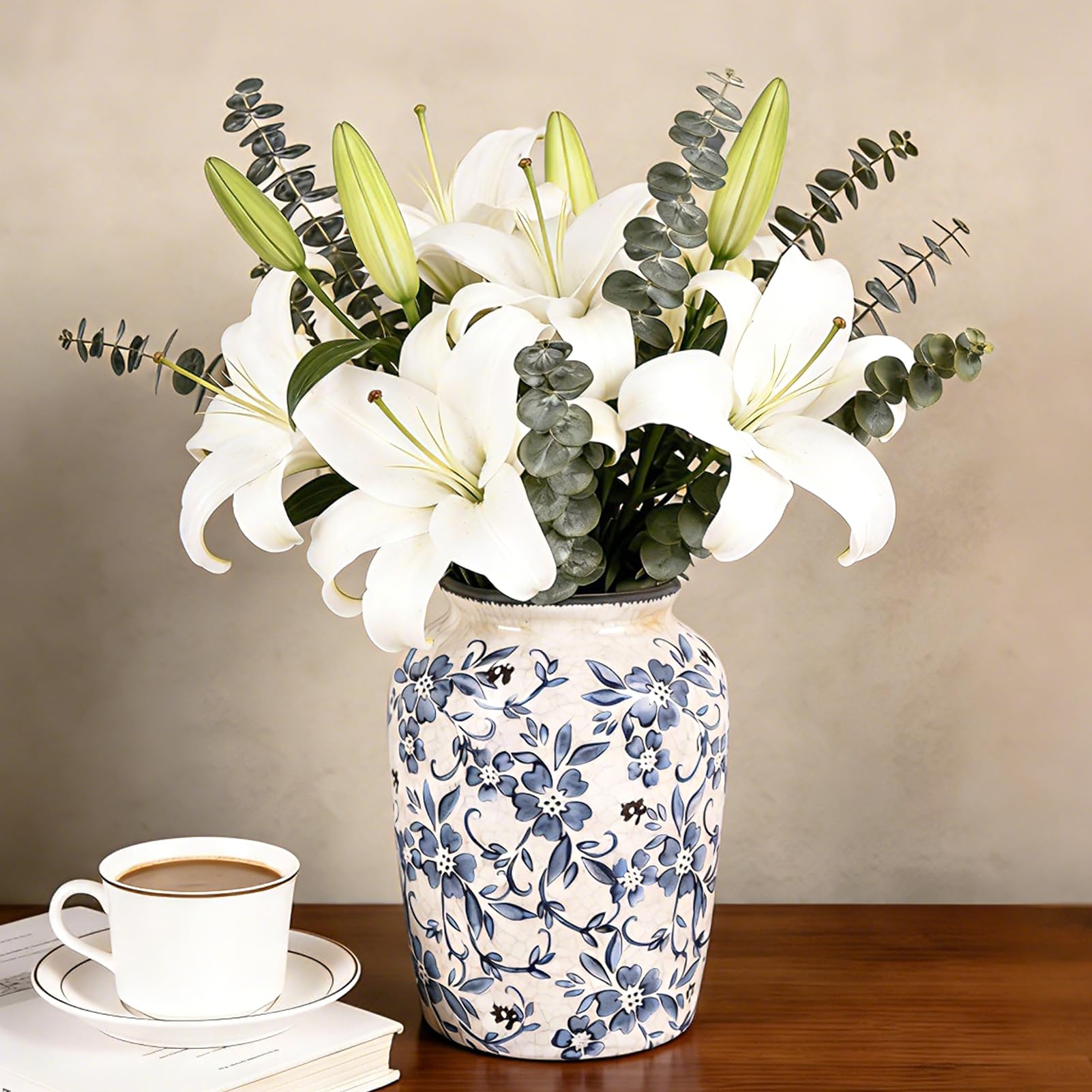 orenm Vintage Blue and White Vase - Rustic Chinoiserie Ceramic Vase for Neutral Shelf Decor, Farmhouse and Modern Home Decor (Blue and White Porcelain-A)