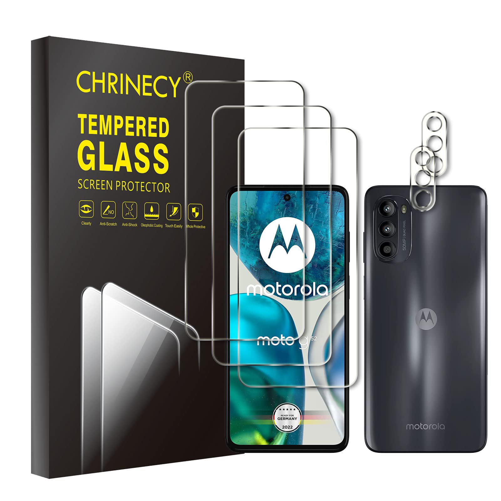 CHRINECY [3+2] 3 Pack Screen Protector for Motorola Moto G52 with 2 Pack Camera Lens Protector, High Transparency Tempered Glass Protection Film, 9H Hardness, Case Friendly, Anti-Scratch