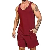 FASIMAN Mens Waffle Shorts Sets 2 Piece Outfits Sleeveless Summer Beach Tank Tops and Shorts Casual Loungewear Sets Suits