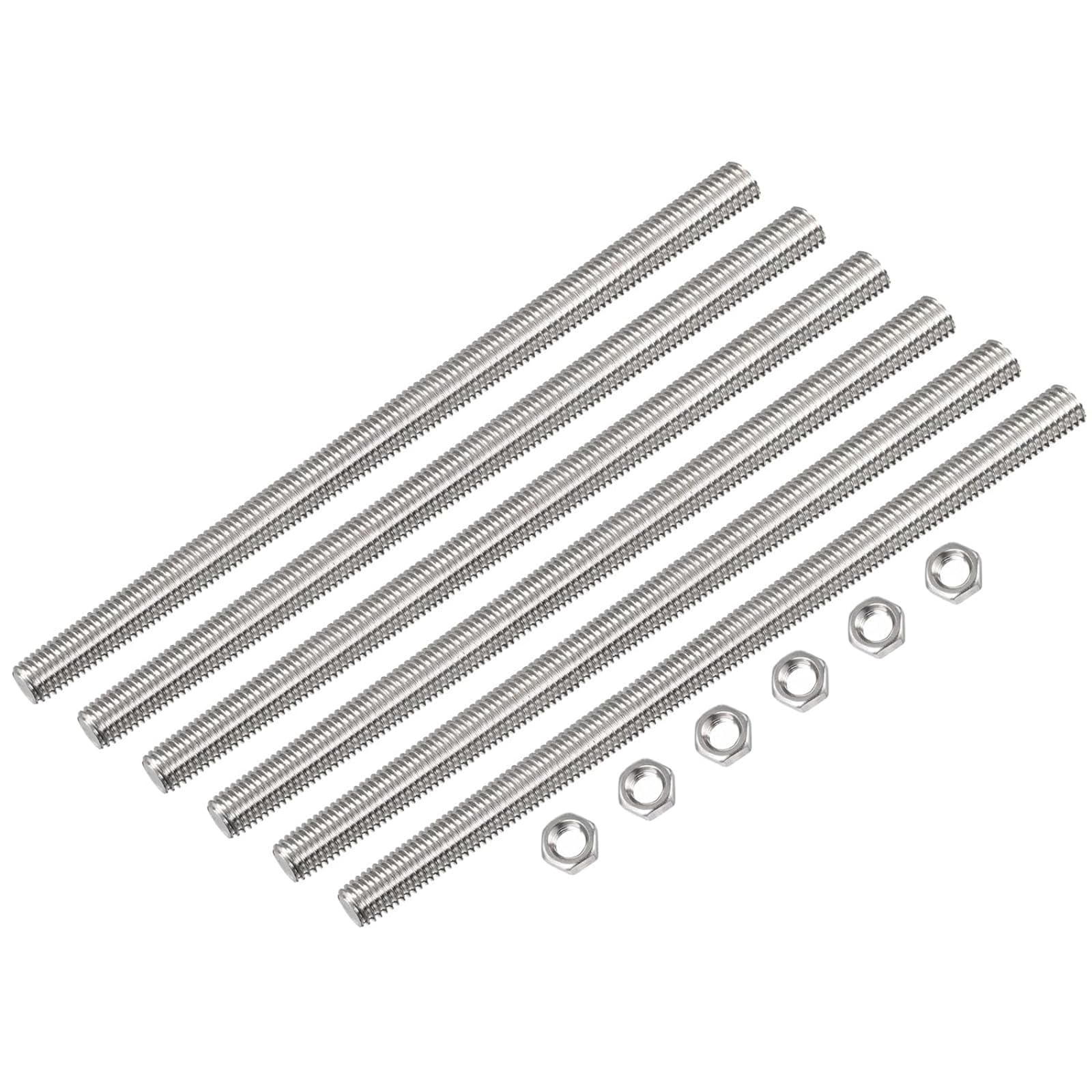 TOP-VIGOR 6Pcs M5 x 200mm Fully Threaded Rod, 304 Stainless Steel Right Hand Threads Rods, Fully Studding Rod Bar with 6Pcs Hex Nuts for Anchor Bolts, Clamps, Hangers and U-Bolts