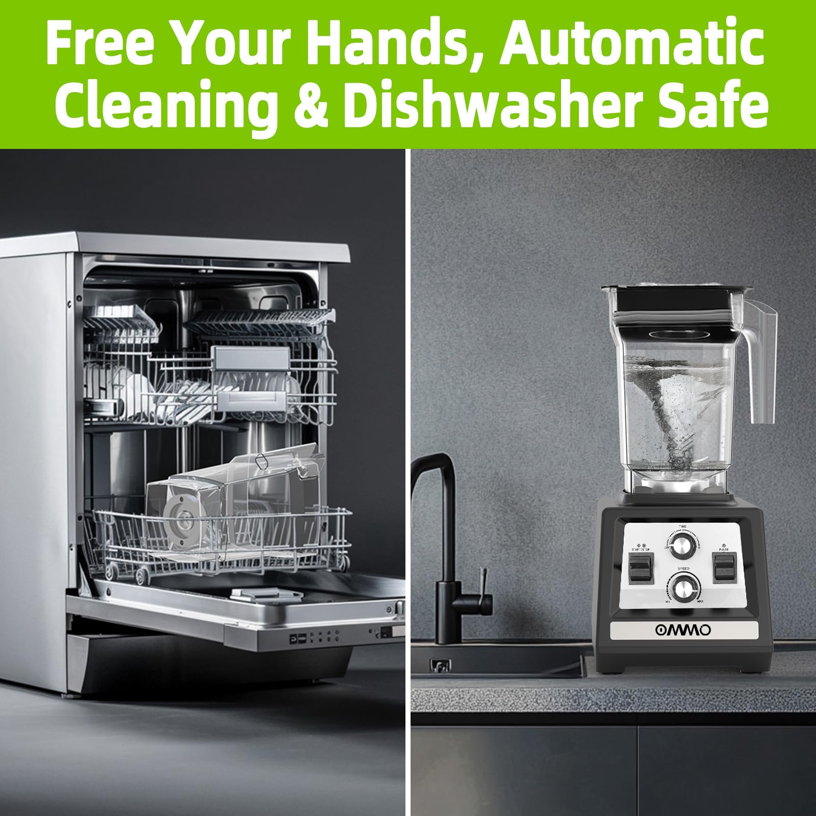 Licuadora OMMO para batidos: licuadoras de pico de 1800 W para cocina, jarra sin BPA de 68 oz, temporizador y control de velocidad, 6 cuchillas de acero inoxidable, licuadora apta para lavavajillas para triturar hielo/batidos/bebidas congeladas/negro